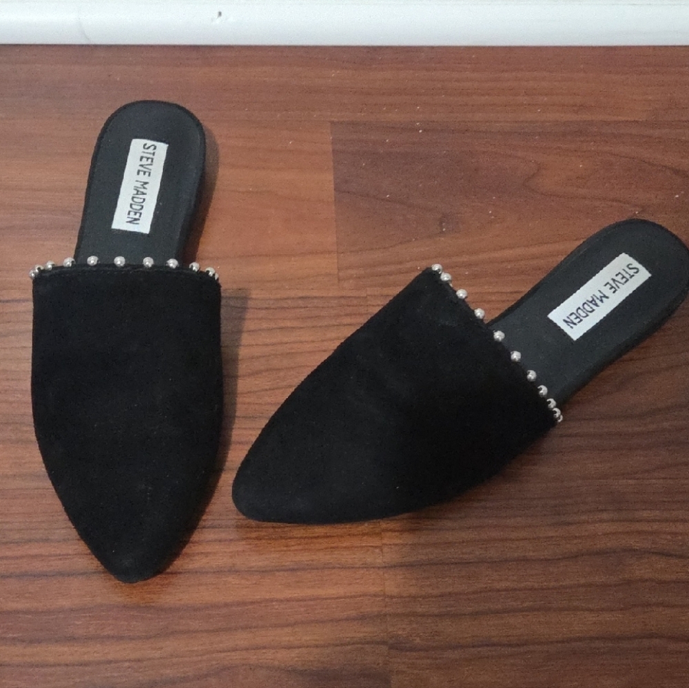 Steve Madden Black Suede Pointed Slip-On Mules with Silver Stud Trim